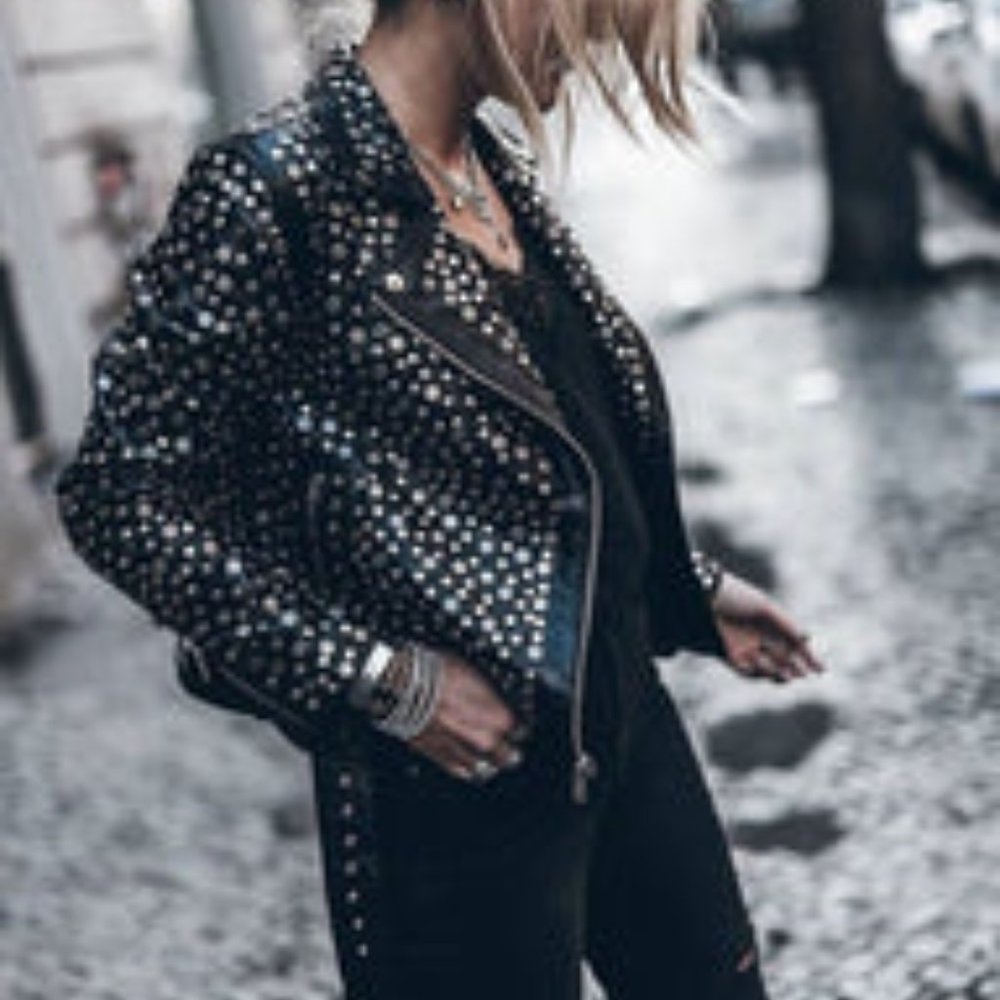 Belle Vere Moto Motorcycle Biker Black Studded Faux Leather Jacket Size Small